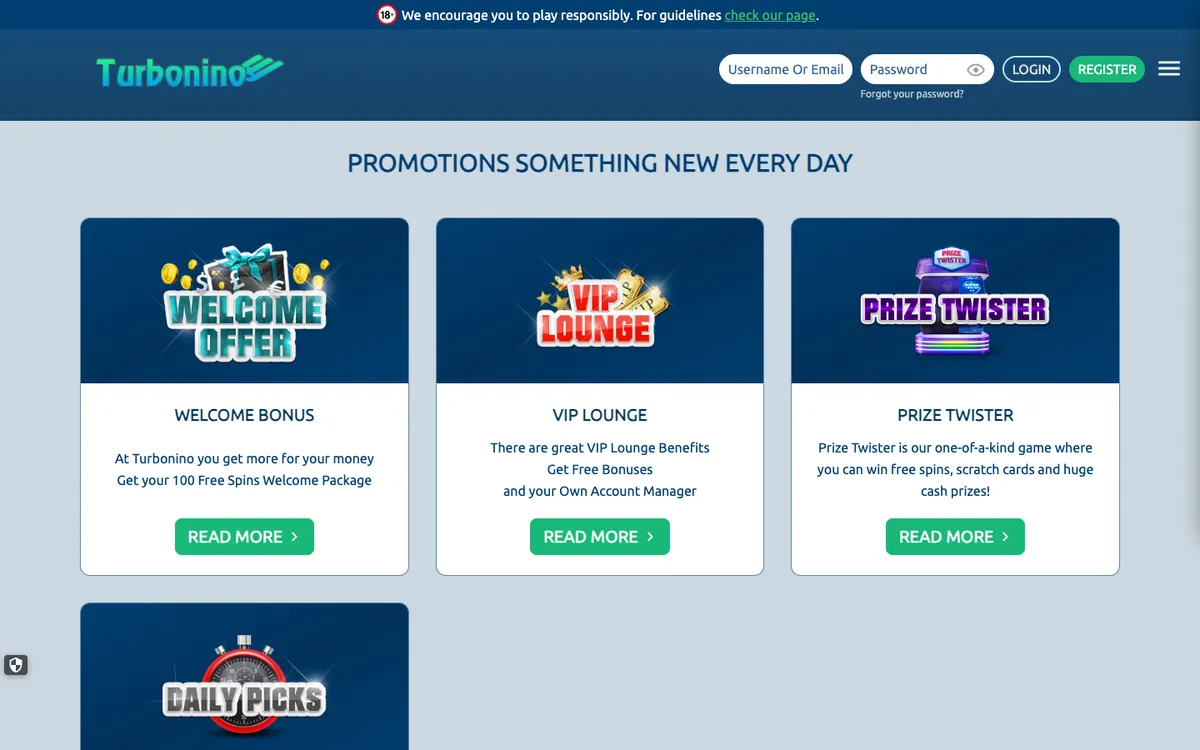 Turbonino Casino — Promotions, captured from Canada