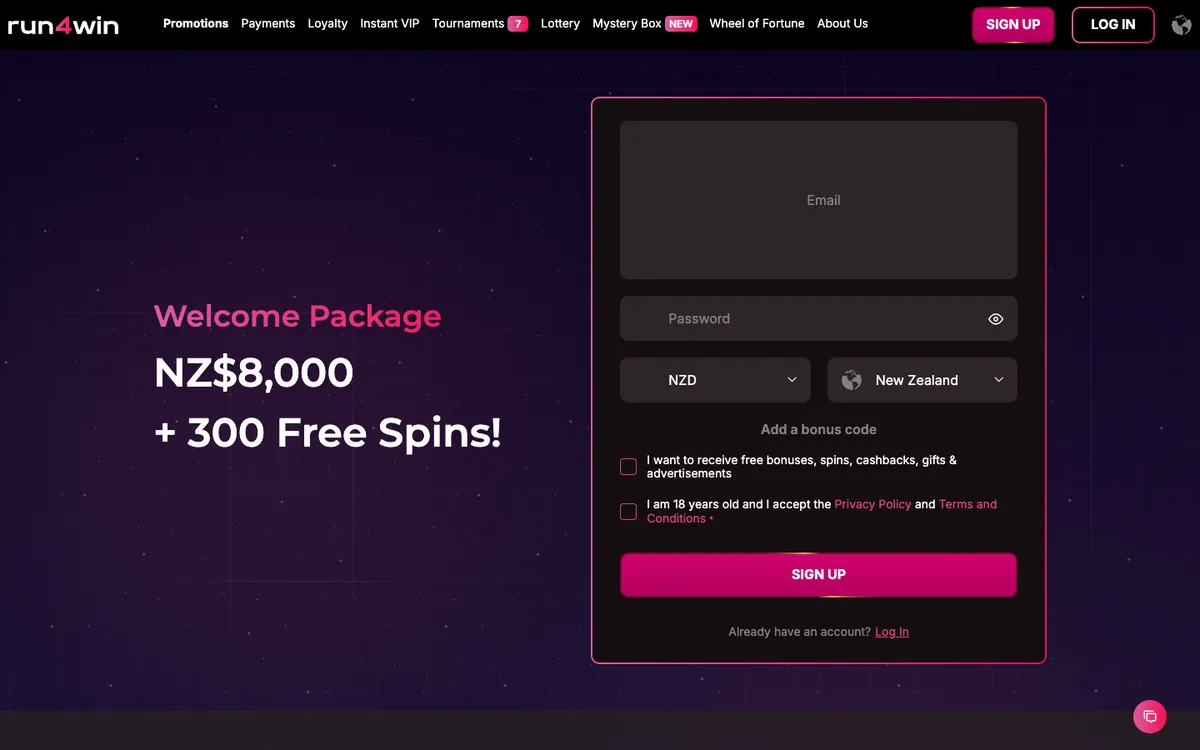 Run4Win Casino — Promotions, captured from New Zealand