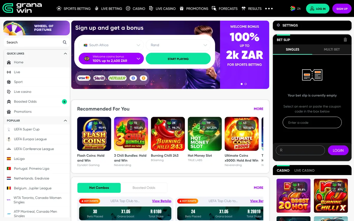 GranaWin Casino — Home page, captured from South Africa