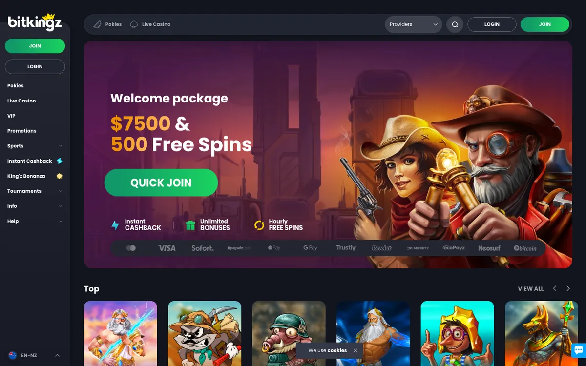 Bitkingz Casino — Home page, captured from New Zealand