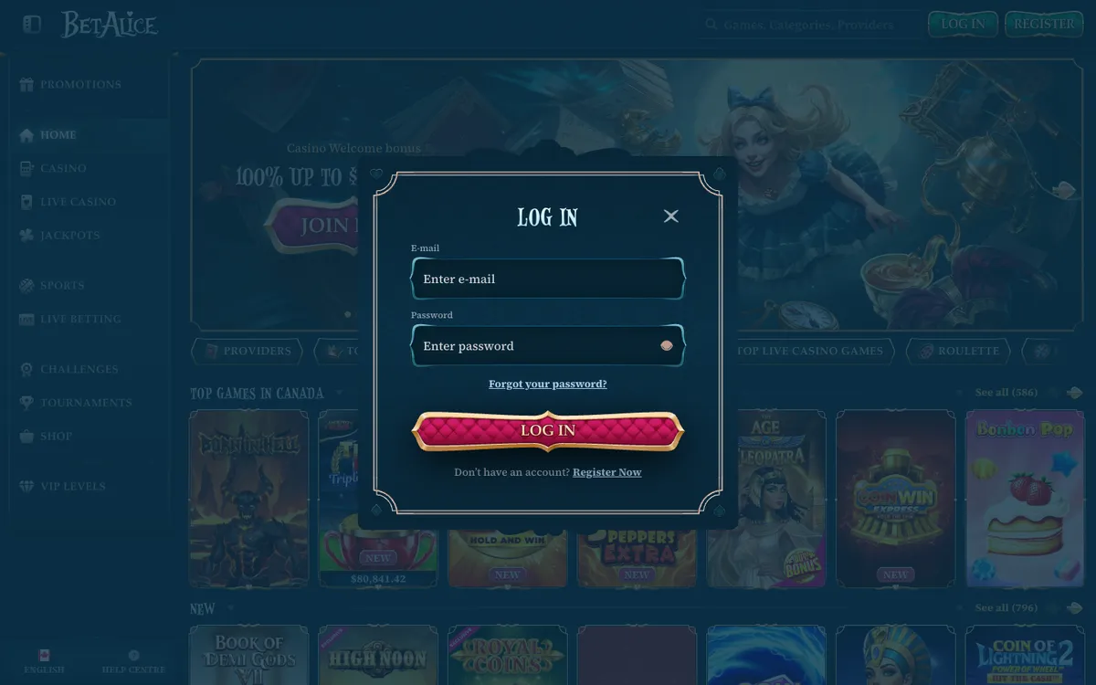 BetAlice Casino — Sign-up, captured from Canada