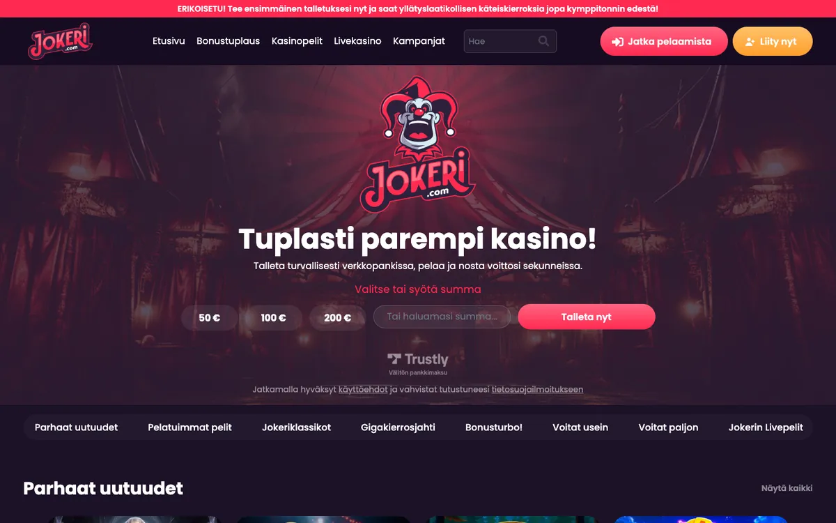 Jokeri Casino — Home page, captured from Austria
