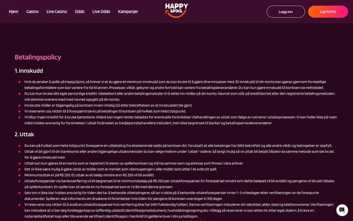 HappySpins Casino — Payments, captured from Norway