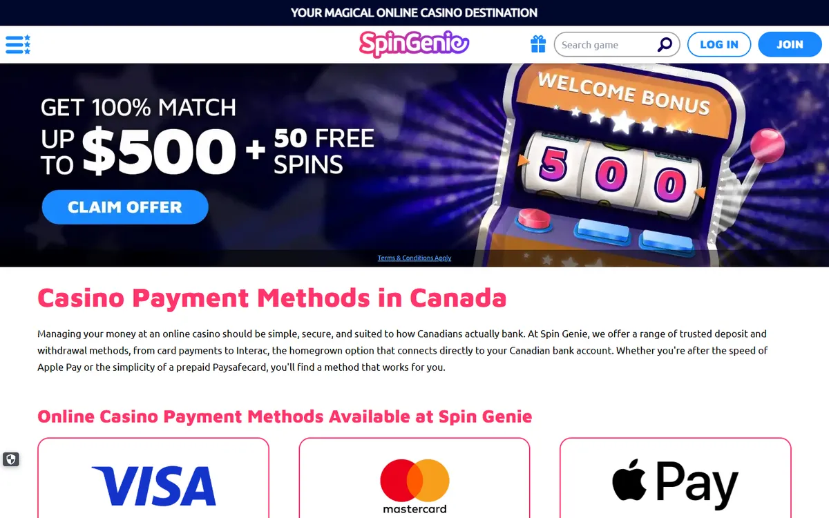 Spin Genie Casino — Payments, captured from Canada