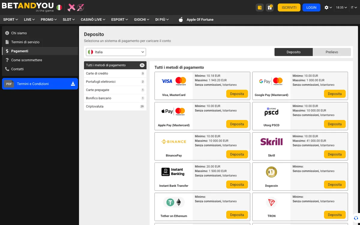 Betandyou Casino — Payments, captured from Italy