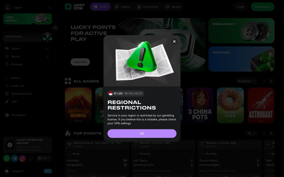 Lucky Star Casino — Sign-up, captured from Indonesia