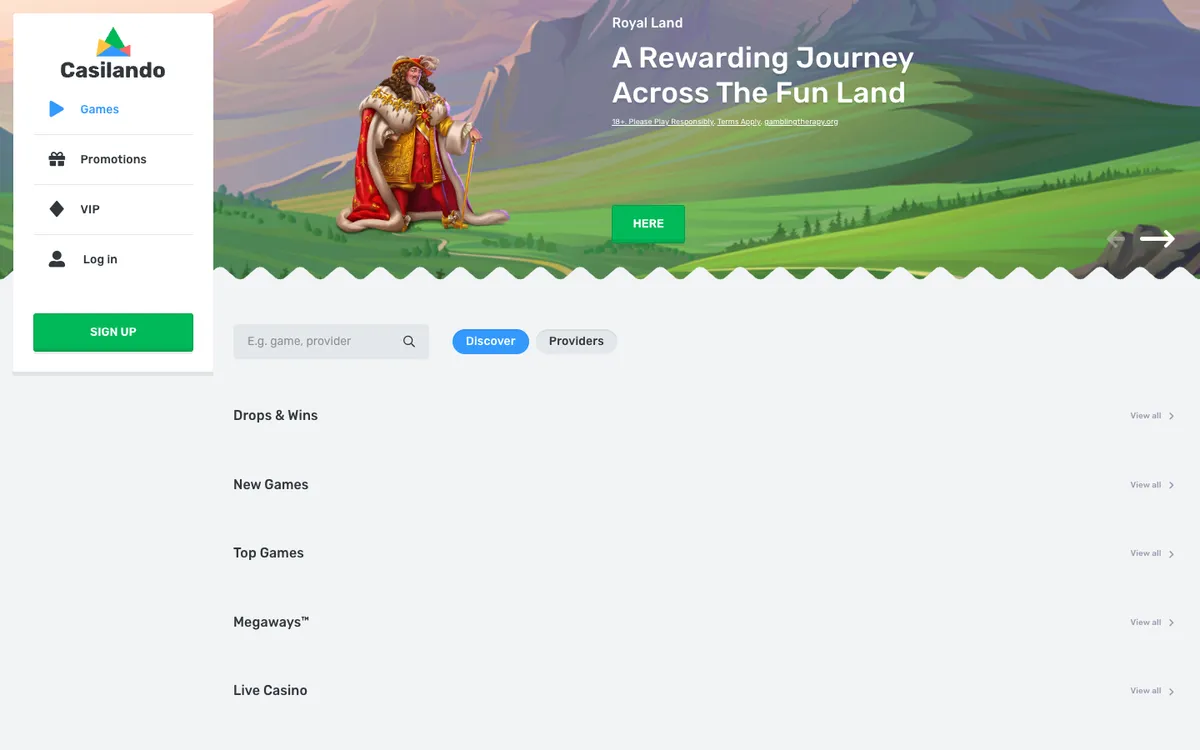 Casilando Casino — Home page, captured from Canada