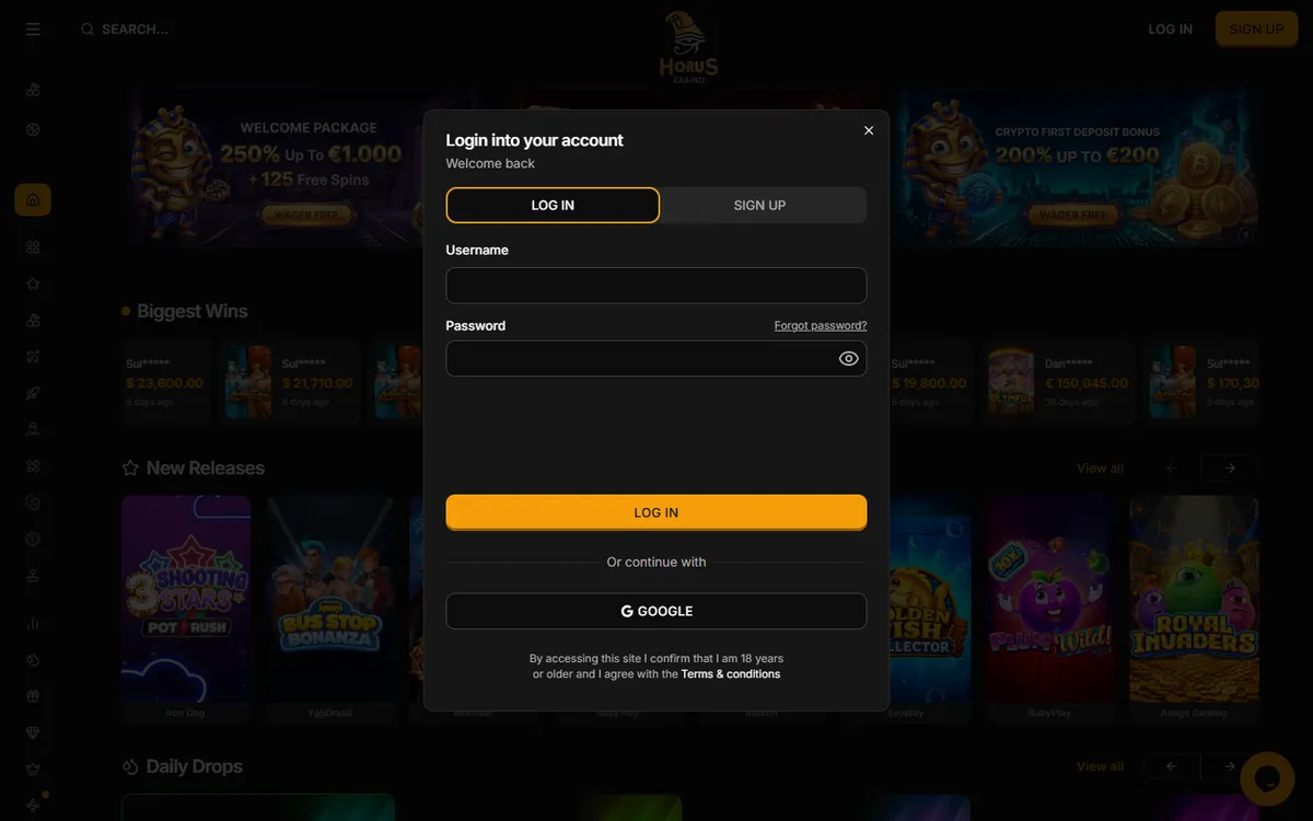 Horus Casino — «Регистрация», снято из страны Канада