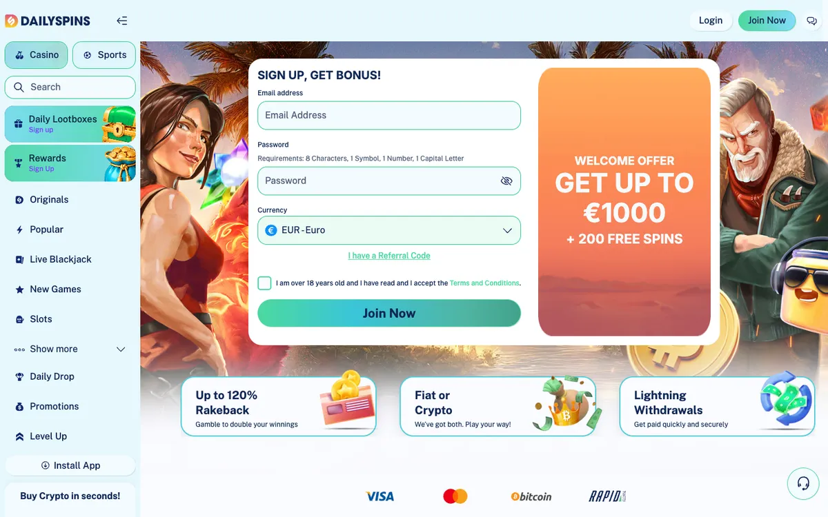 Dailyspins Casino — Home page, captured from Austria