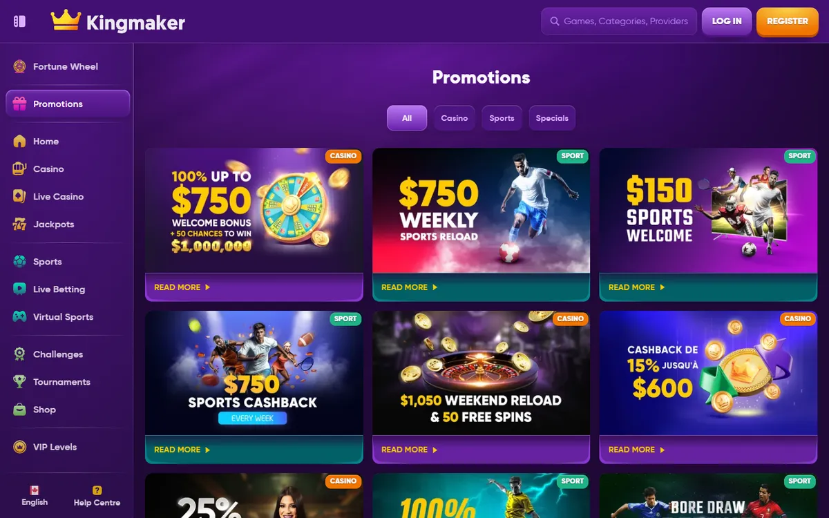 Kingmaker Casino — Promotions, captured from Canada