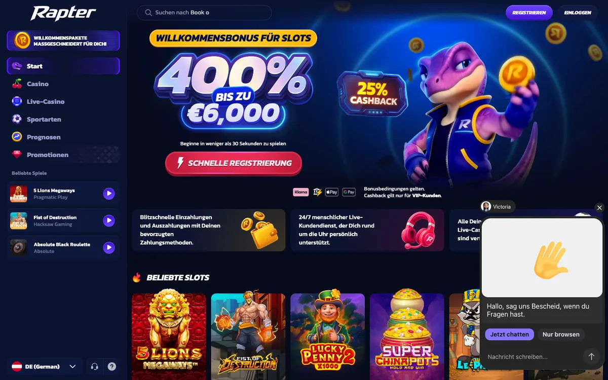 Rapter Casino — Home page, captured from Germany