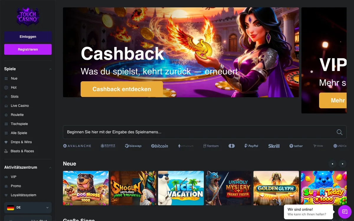 Touch Casino — Home page, captured from Germany