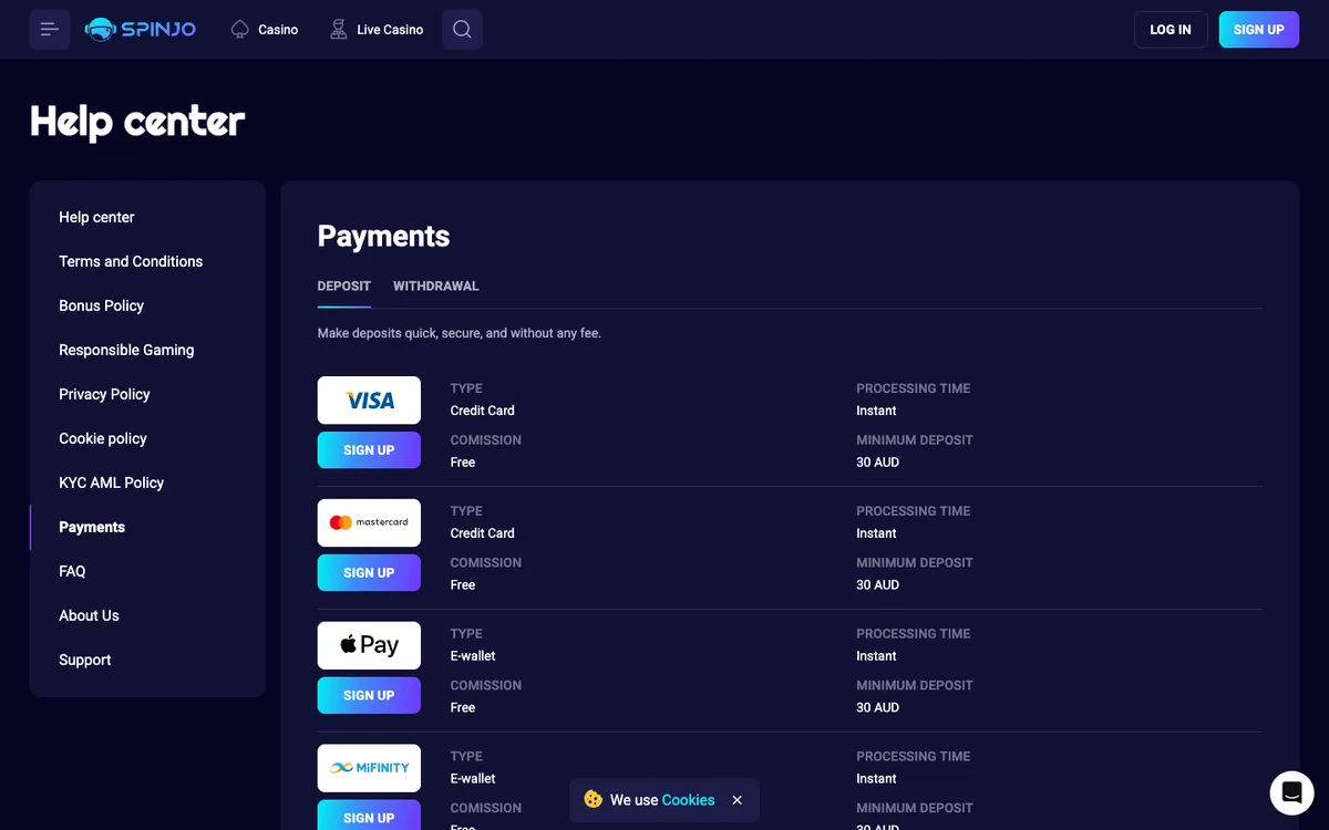 Spinjo Casino — Payments, captured from Australia