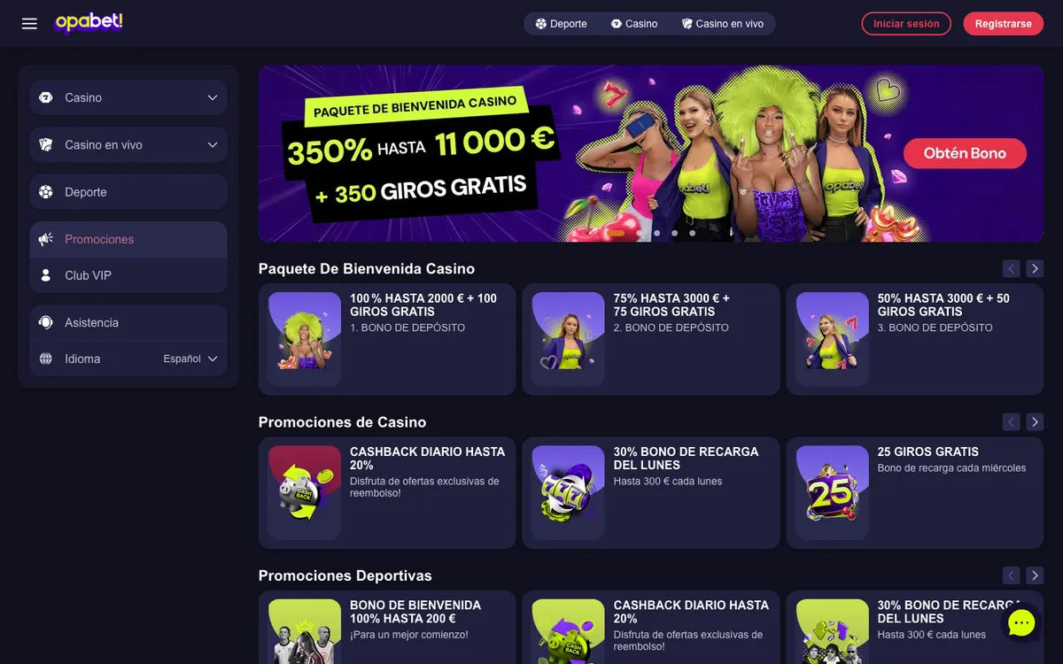 Opabet Casino — Promotions, captured from Spain