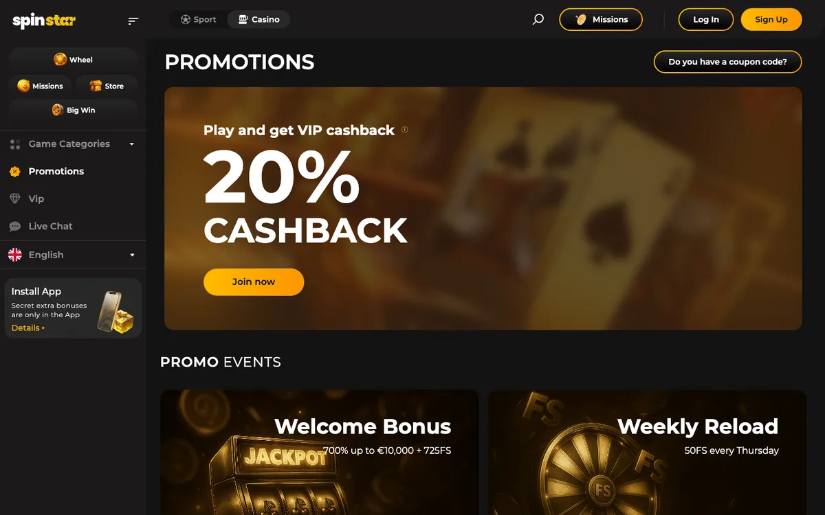 Spinstar Casino — Promotions, captured from Austria