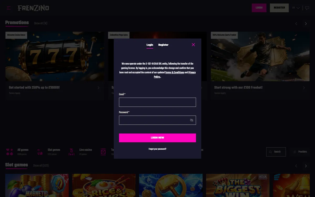 Frenzino Casino — Sign-up, captured from United Kingdom