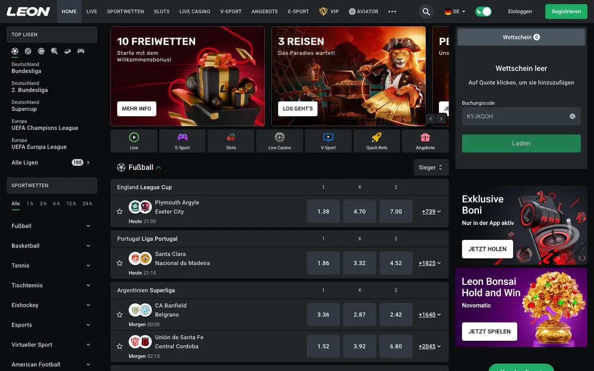 Leon Bet Casino — Home page, captured from Austria