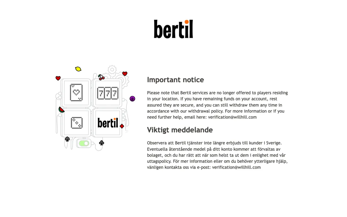 Bertil Casino — Home page, captured from Sweden