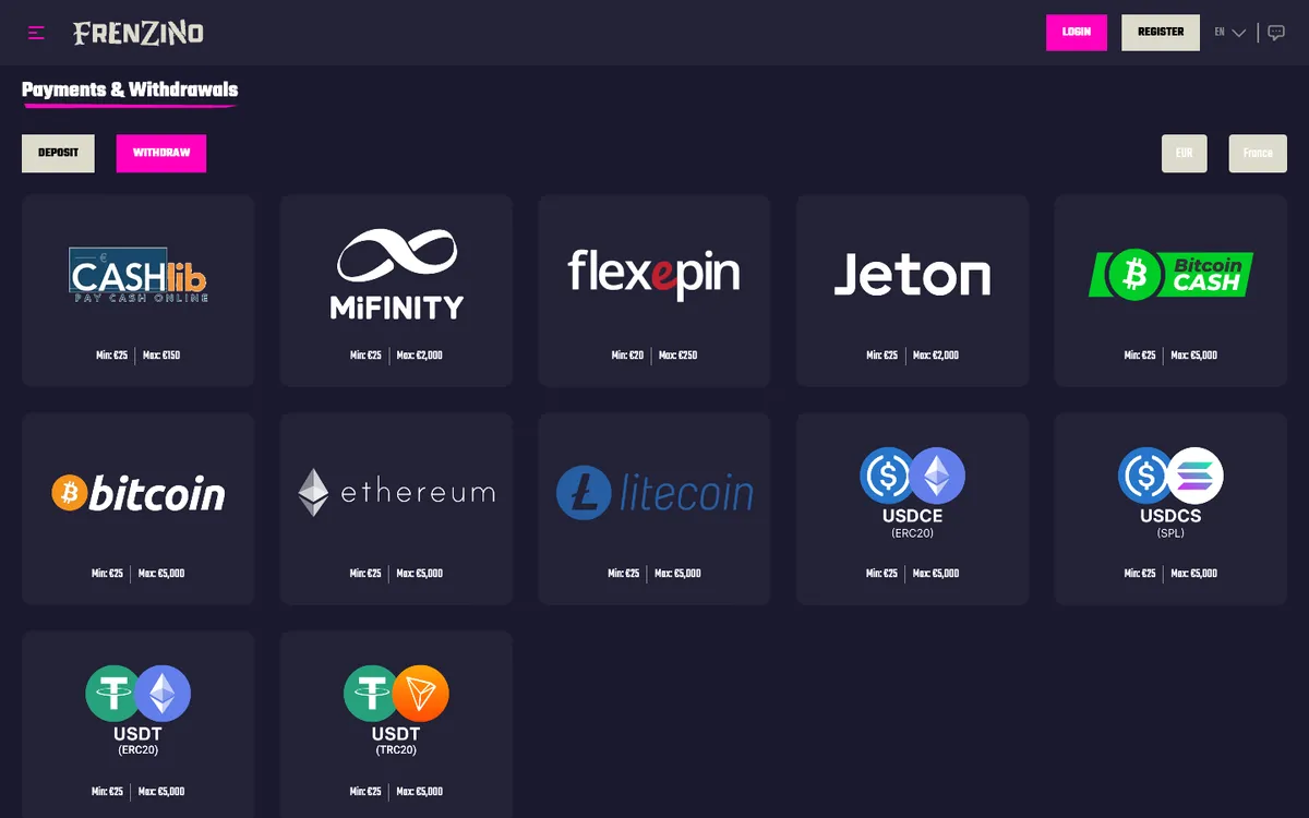 Frenzino Casino — Payments, captured from France