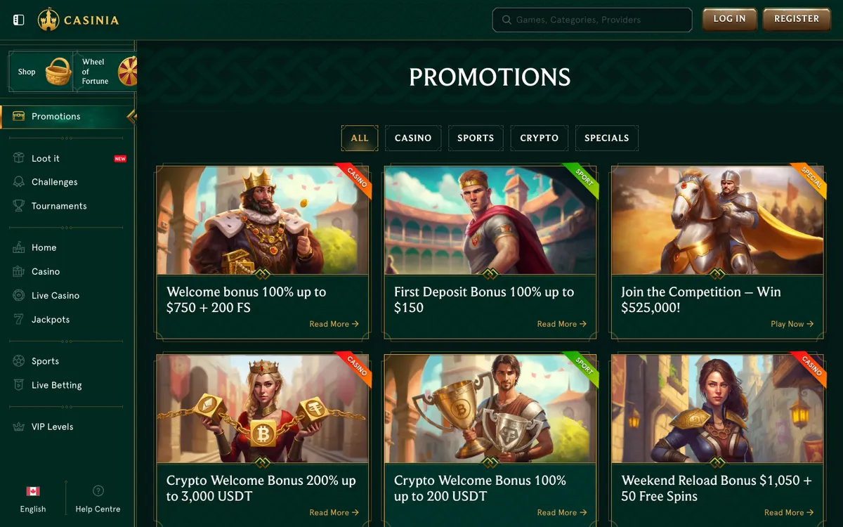 Casinia Casino — Promotions, captured from Canada