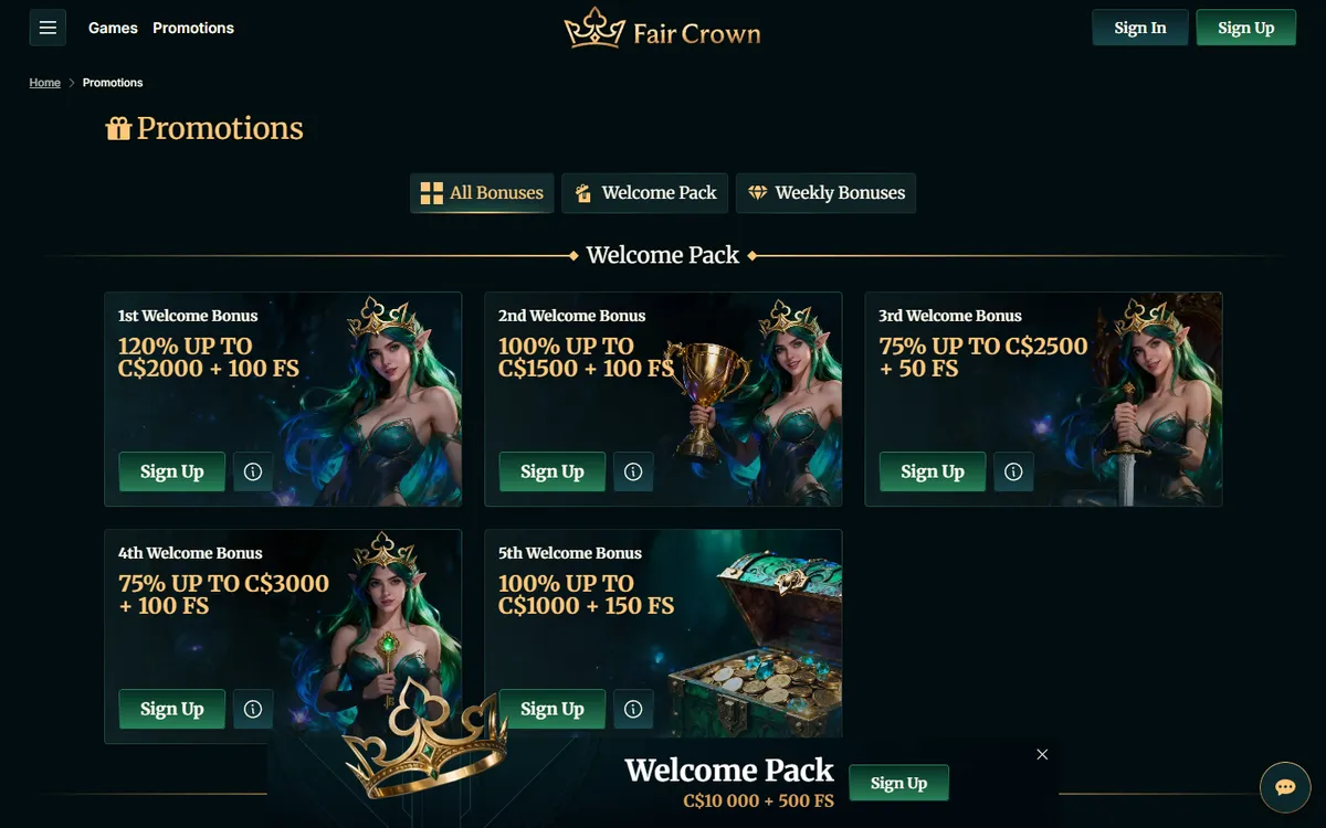 Fair Crown Casino — Promotions, captured from Canada