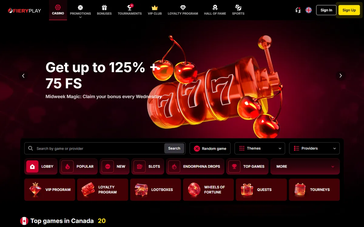 Fiery Play Casino — Home page, captured from Canada
