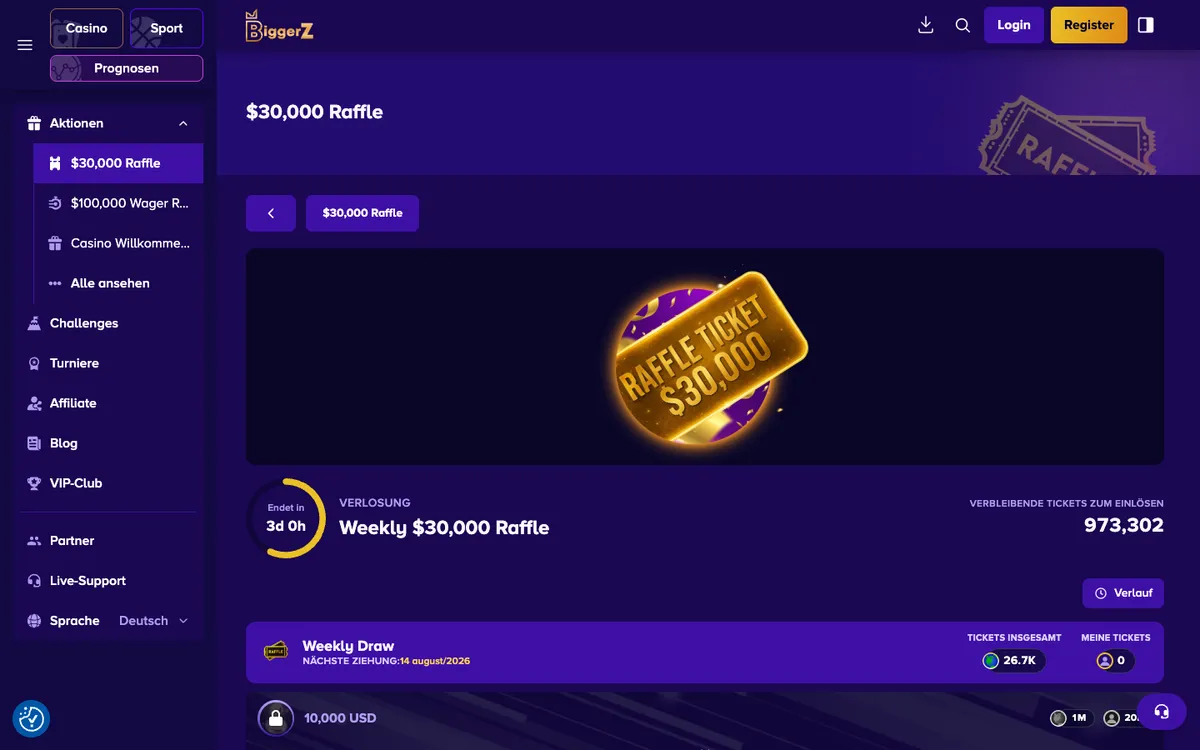BiggerZ Casino — Promotions, captured from Switzerland