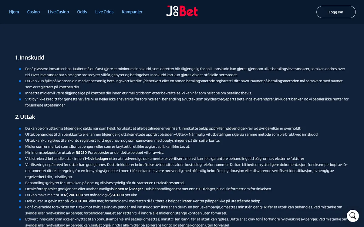 JaaBet Casino — «Платежи», снято из страны Норвегия