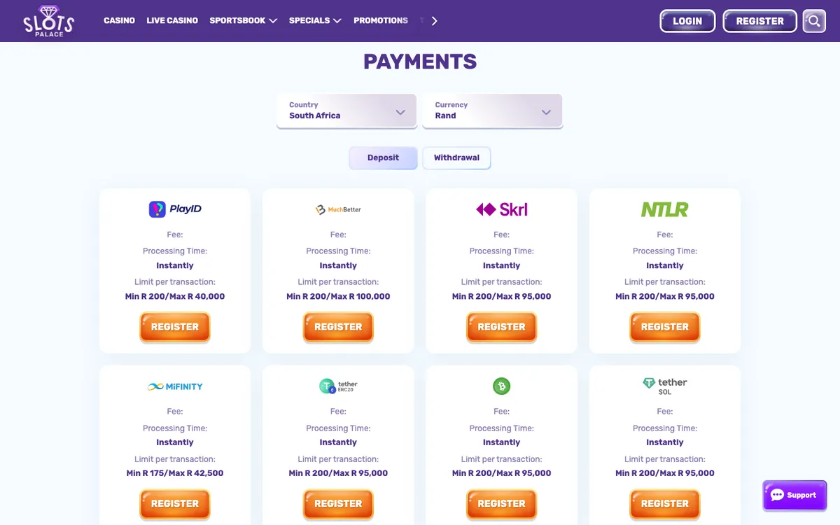 SlotsPalace Casino — Payments, captured from South Africa