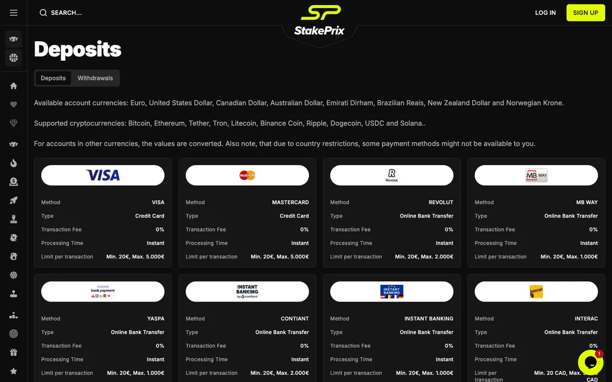 StakePrix Casino — «Платежи», снято из страны Испания