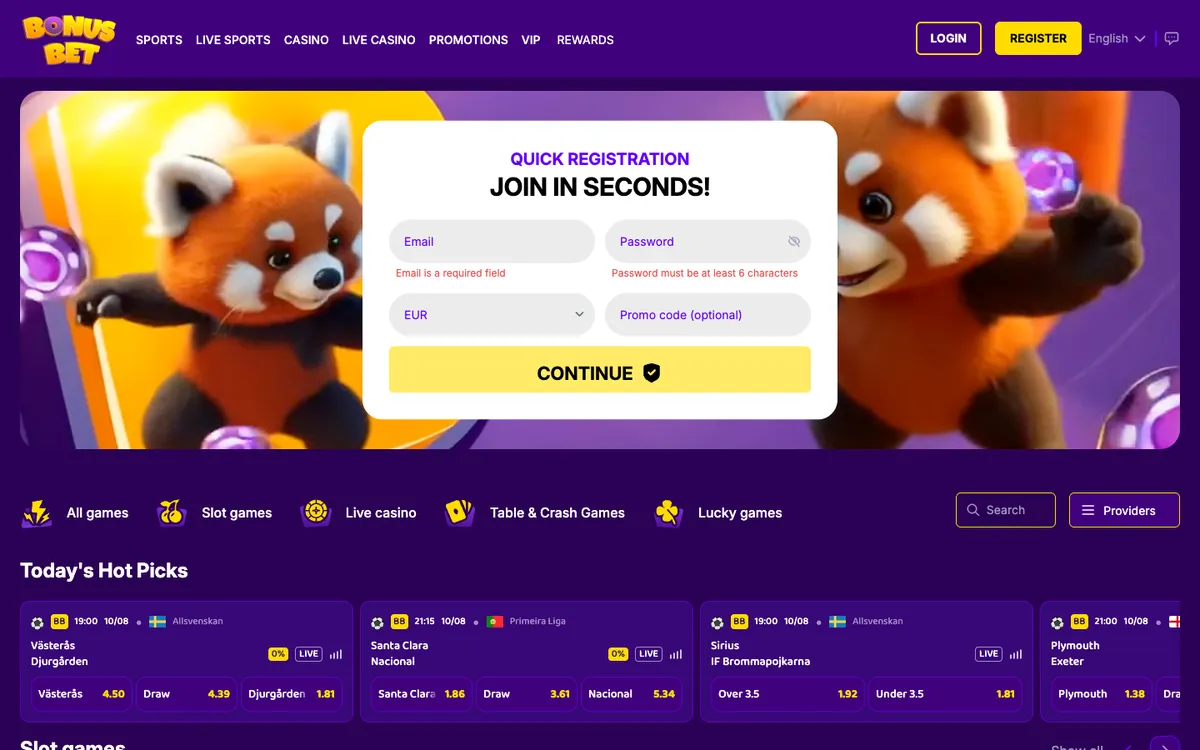 BonusBet Casino — Home page, captured from Belgium