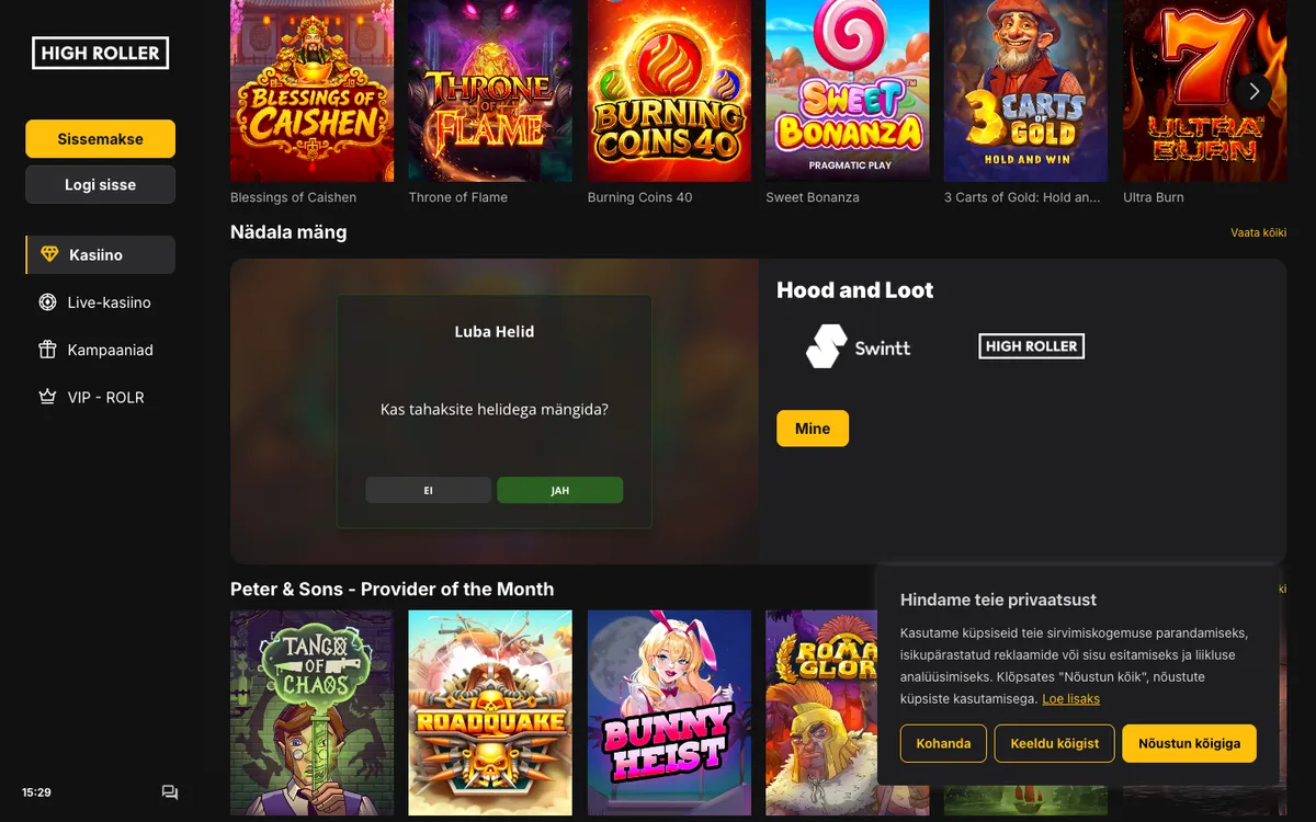 Highroller Casino — Home page, captured from Estonia
