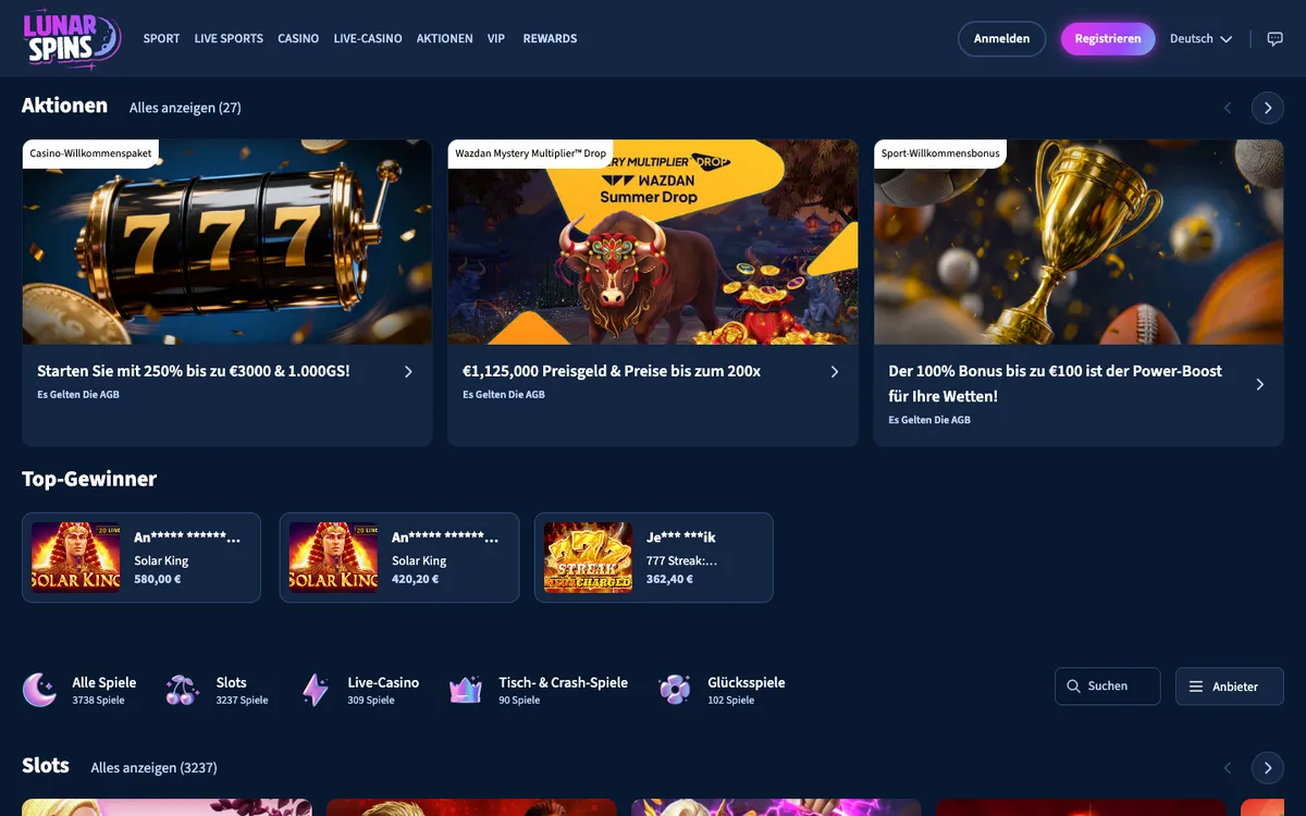 Lunarspins Casino — Home page, captured from Germany