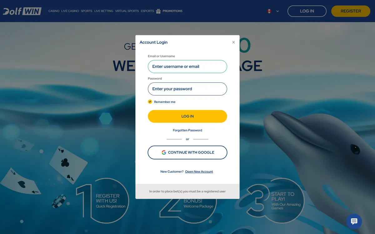 Dolfwin Casino — Sign-up, captured from Canada
