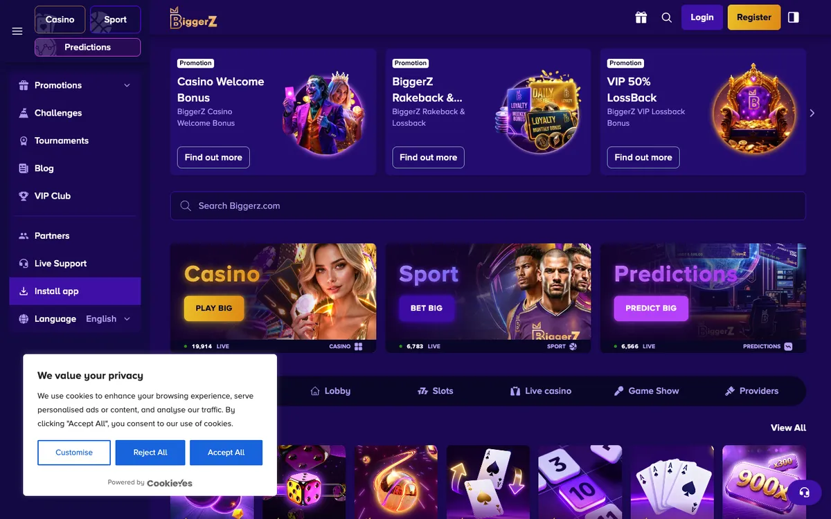 BiggerZ Casino — Home page, captured from South Korea