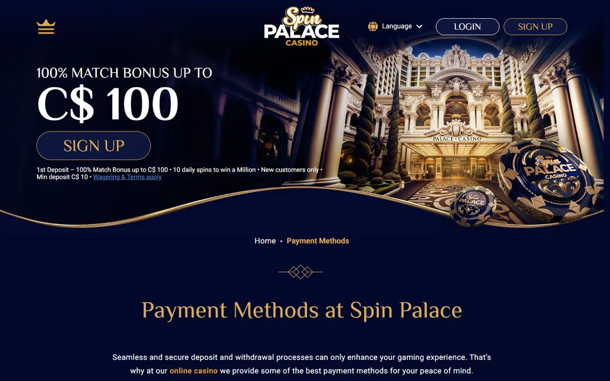 Spin Palace Casino — «Платежи», снято из страны Канада