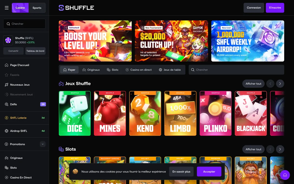 Shuffle Casino — Home page, captured from France