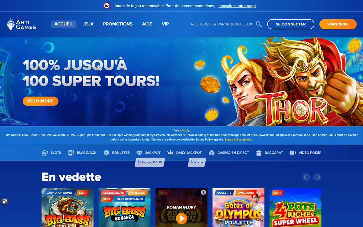 AHTI Games Casino — Home page, captured from Canada