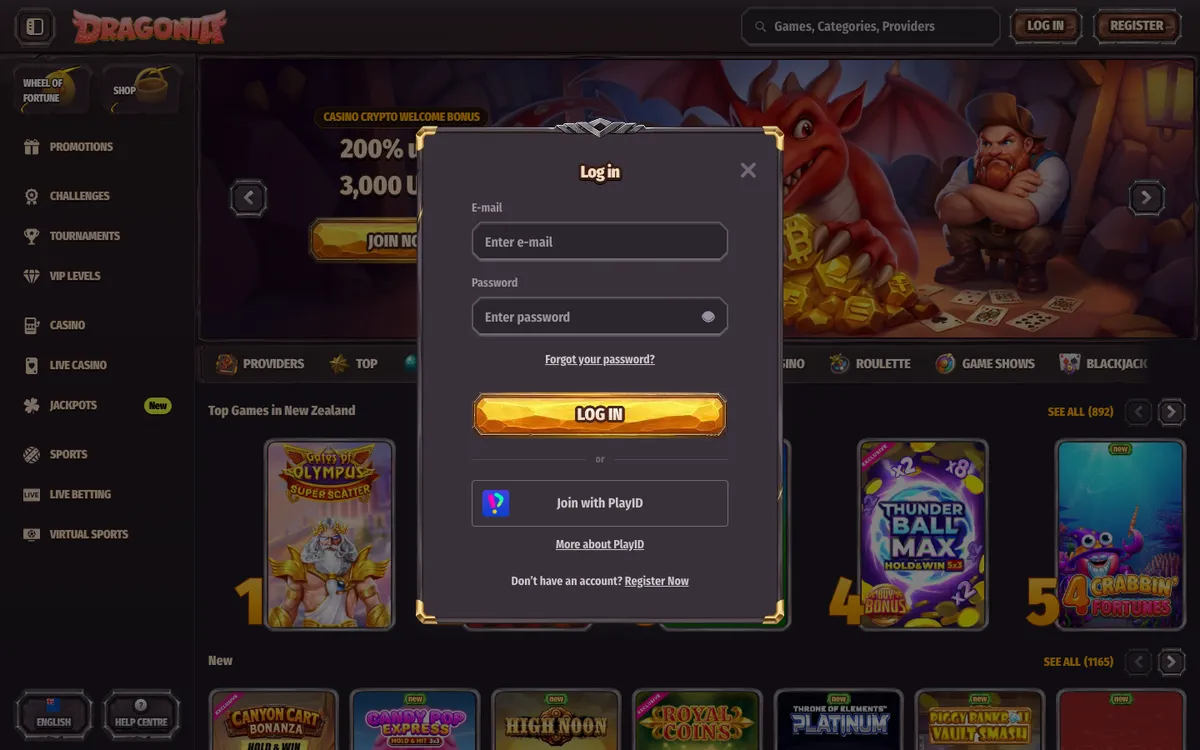 Dragonia Casino — Sign-up, captured from New Zealand
