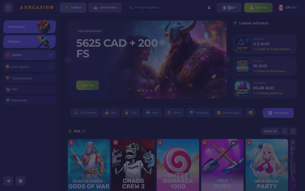 Axecasino — «Регистрация», снято из страны Канада