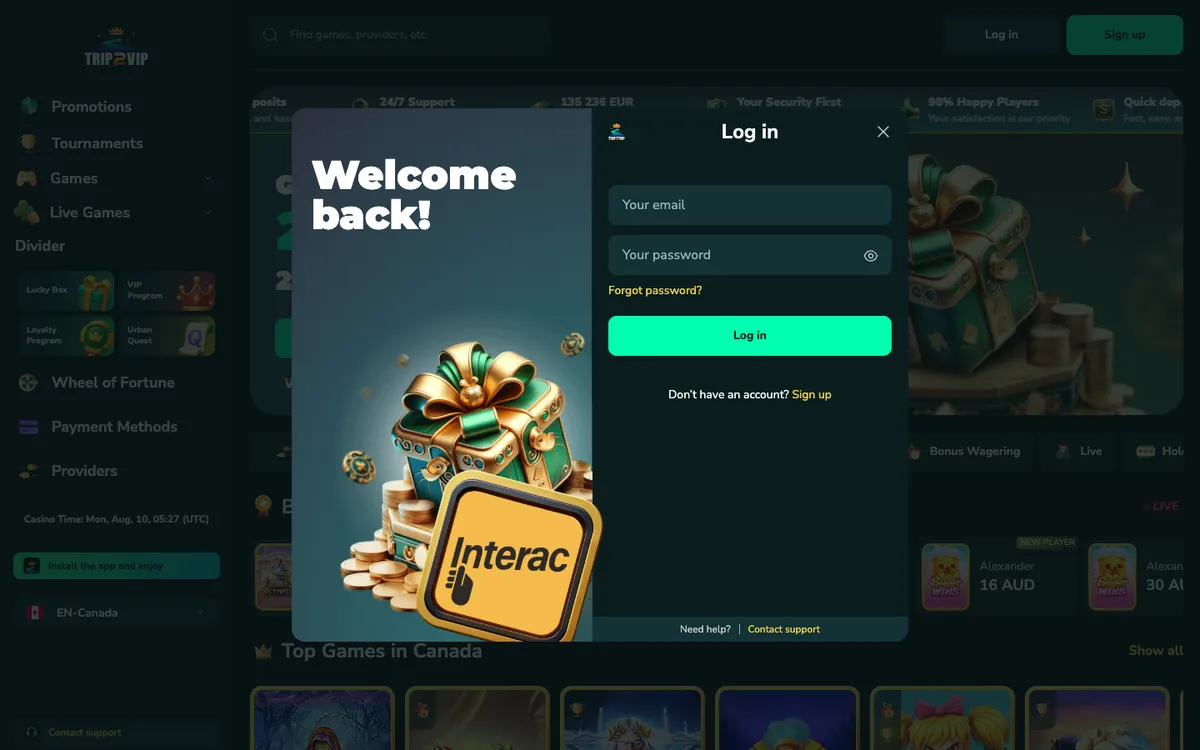 Trip2Vip Casino — «Регистрация», снято из страны Австрия