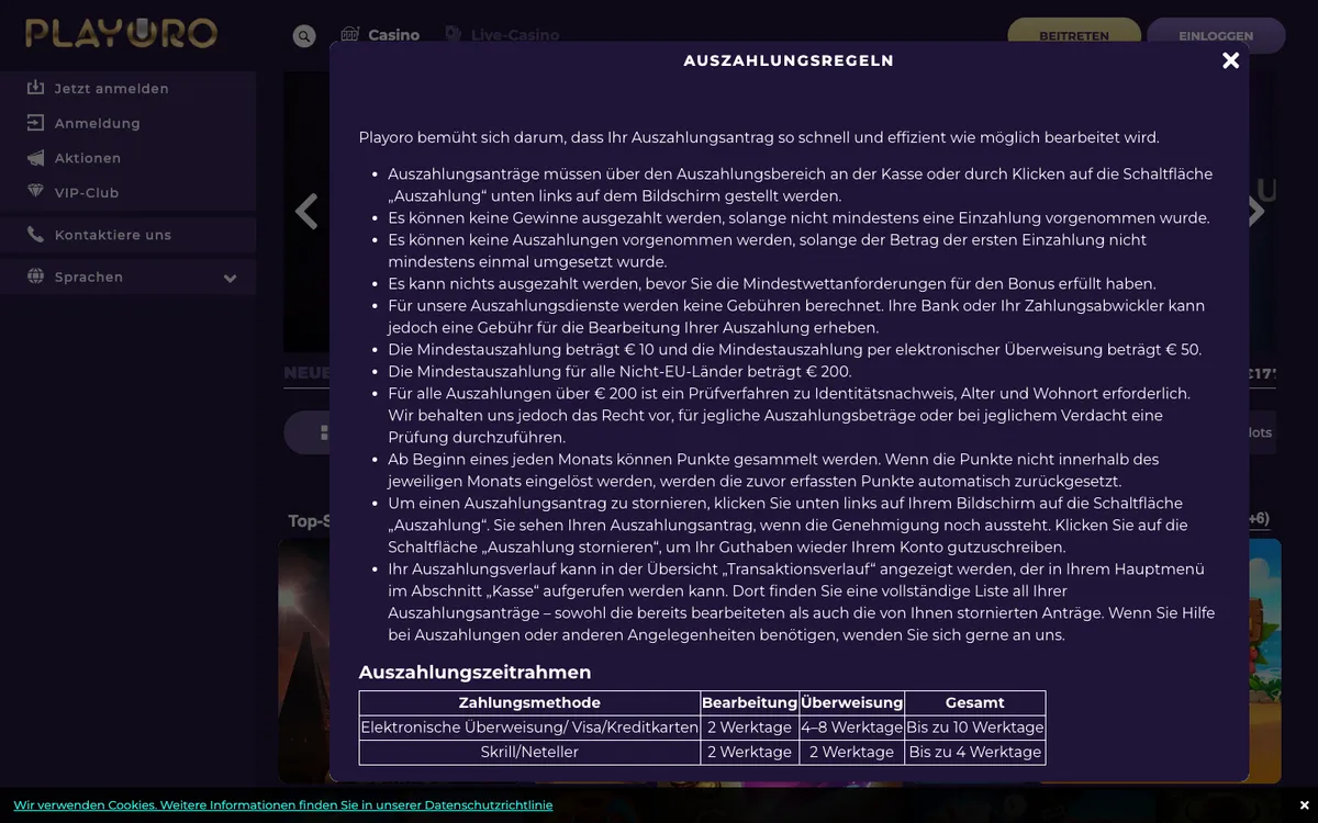 Playoro Casino — Payments, captured from Austria