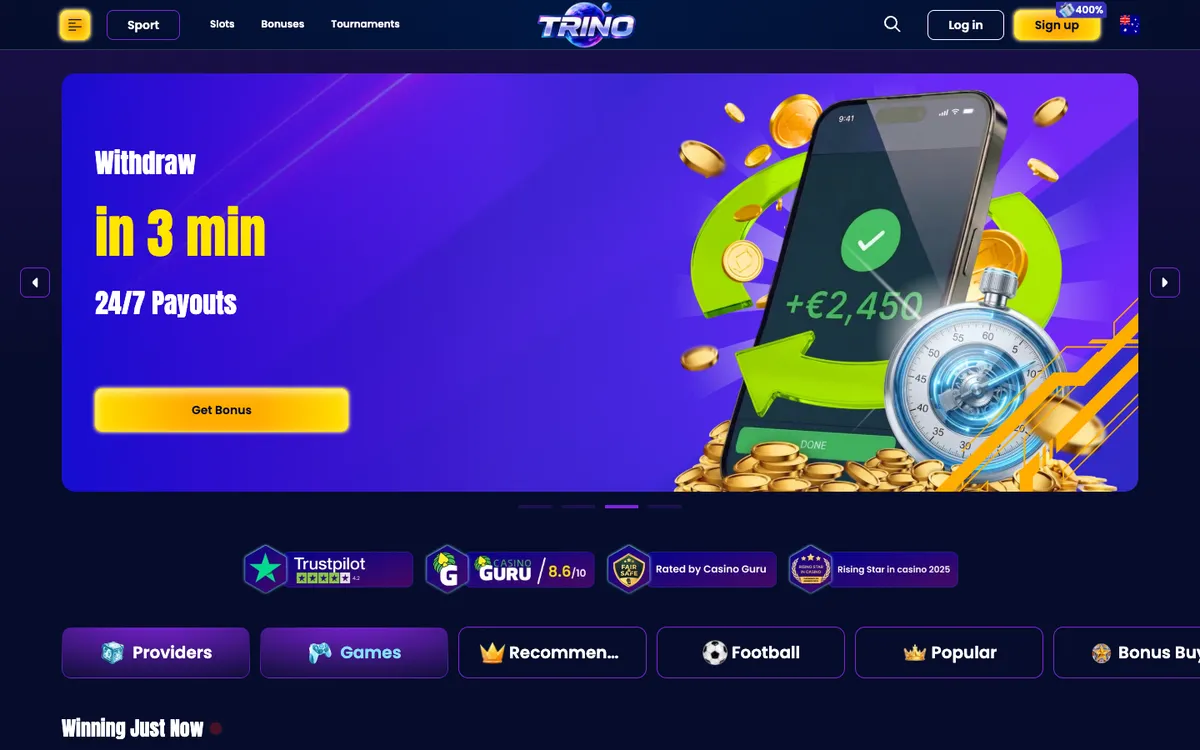 Trino Casino — Home page, captured from Australia