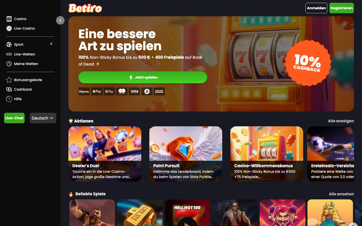 Betiro Casino — Home page, captured from Germany