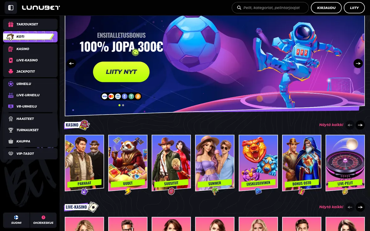 LunuBet Casino — «Главная», снято из страны Финляндия