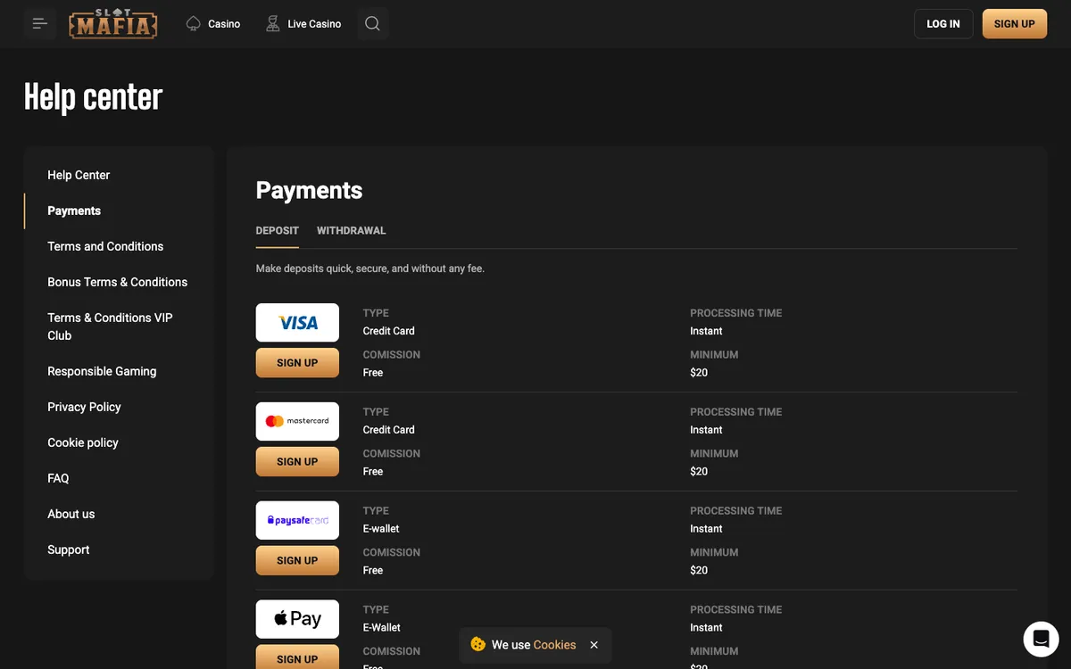 Slot Mafia Casino — Payments, captured from New Zealand