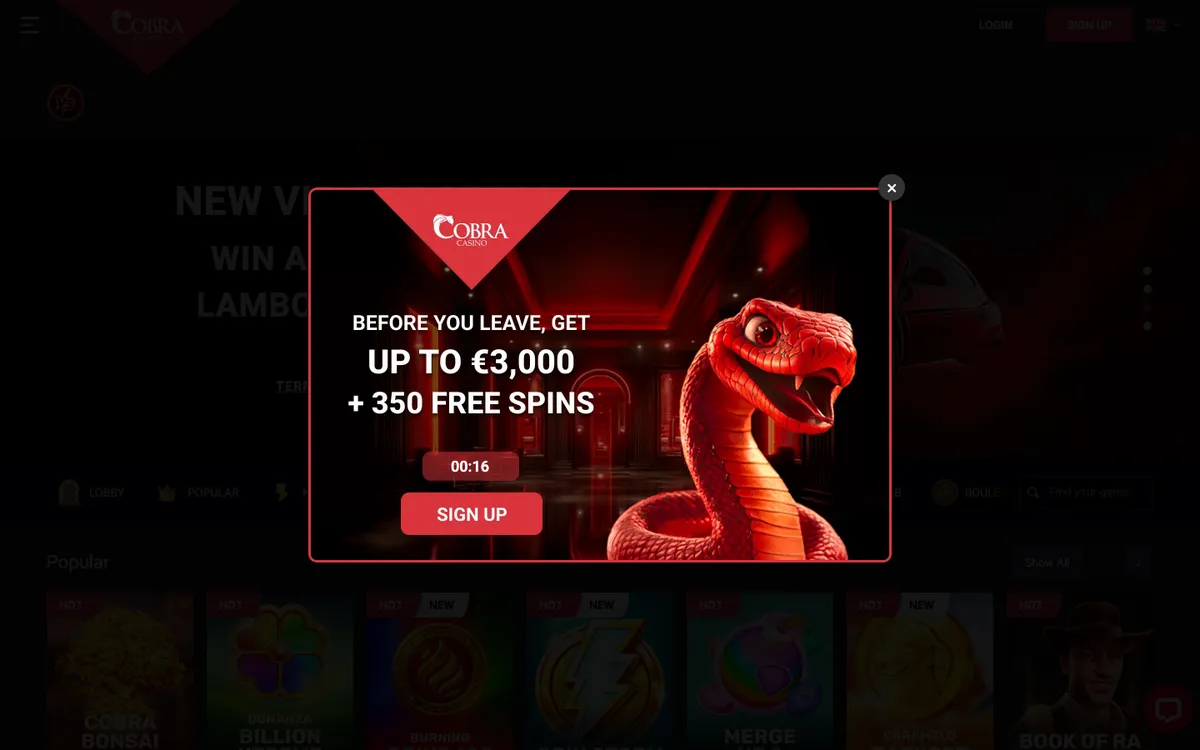 Cobra Casino — «Регистрация», снято из страны Испания