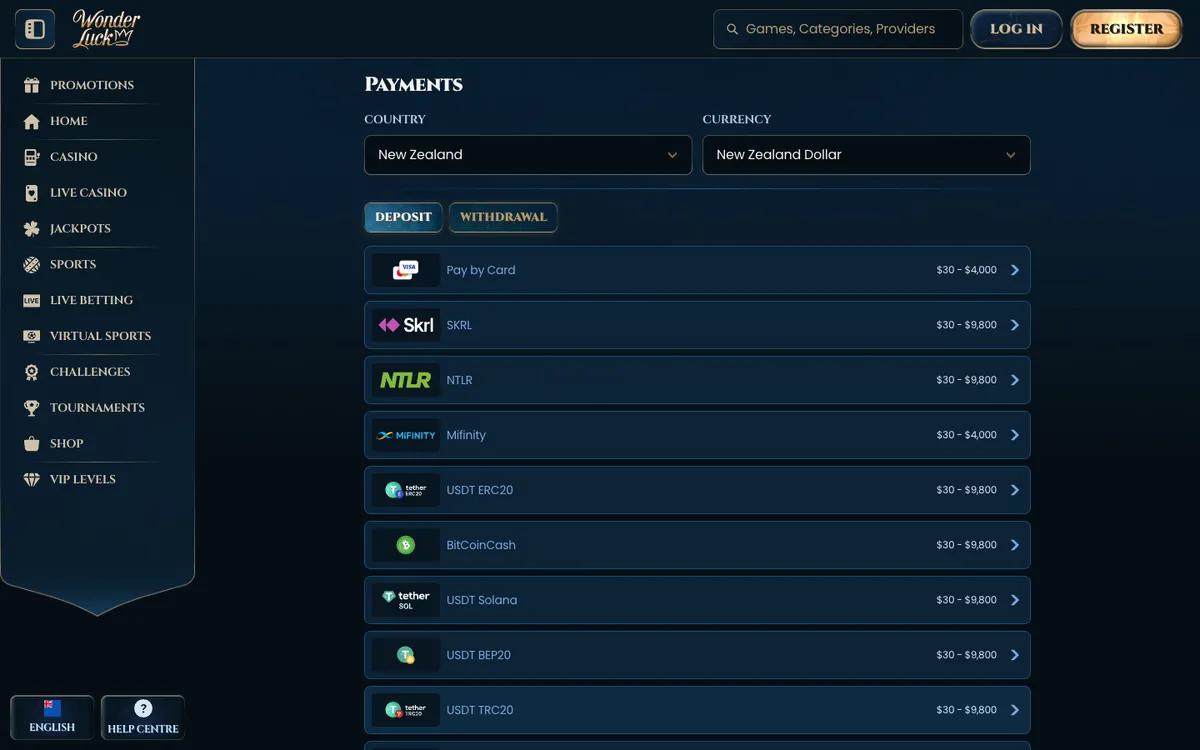 WonderLuck Casino — Payments, captured from New Zealand