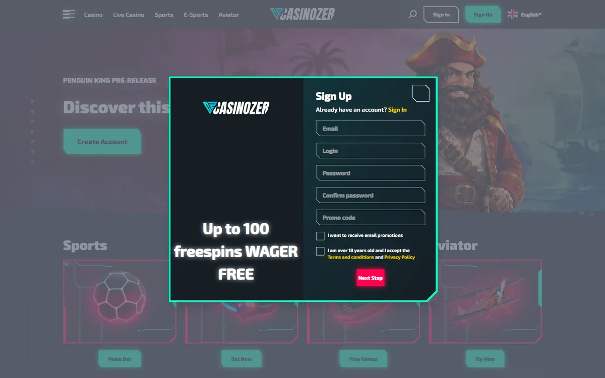 Casinozer Casino — «Регистрация», снято из страны Канада