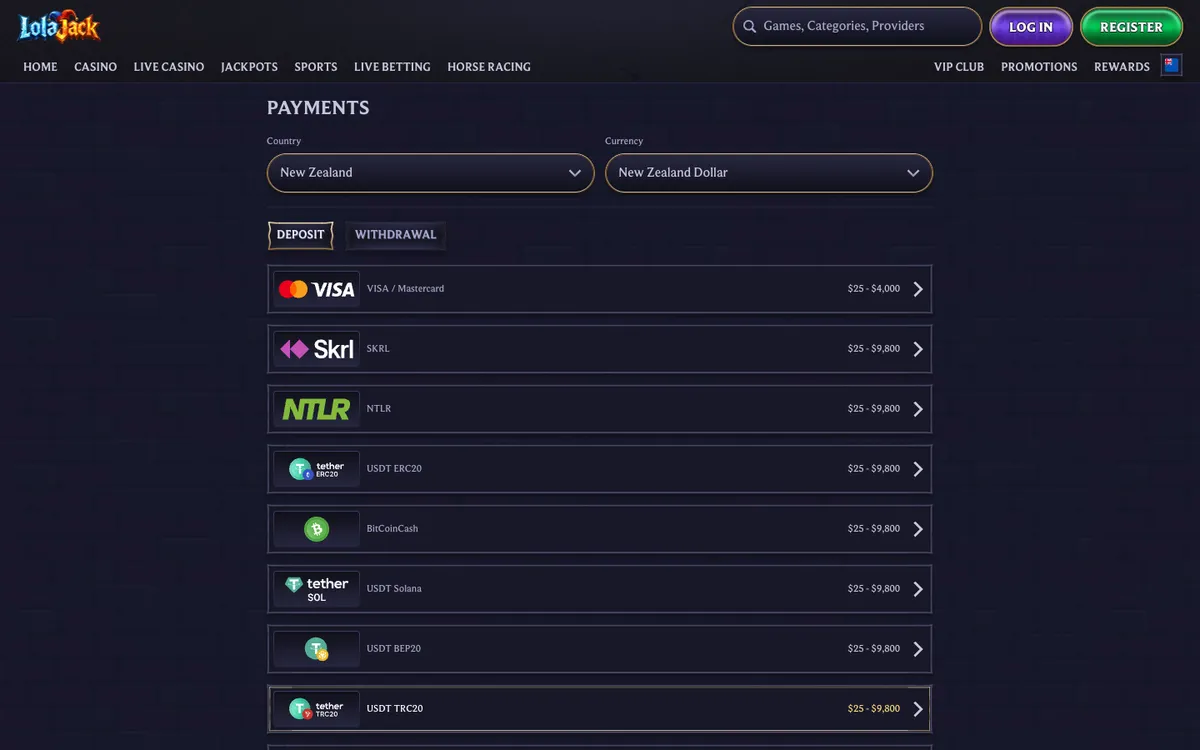 LolaJack Casino — Payments, captured from New Zealand